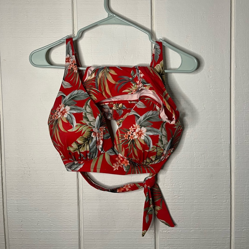 Floral Red High-Neck Swim Top with Tie Back